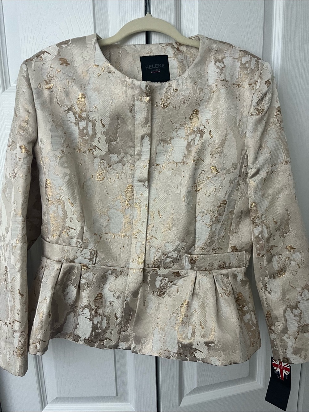 Helene Berman London Ivory Gold Brocade Peplum Jacket Size M NWT